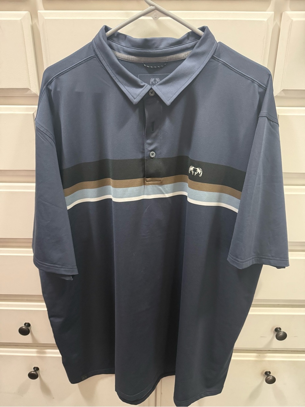 KUIU Navy Polo with Black, Brown and Light Blue Stripes